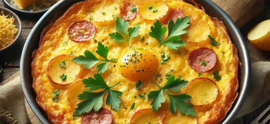 Frittata de batata com queijo dourada em uma frigideira, servida com pedaços de mozzarella derretida e uma salada fresca ao lado.