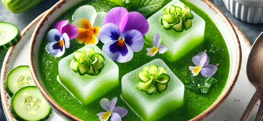 Gaspacho verde servido com cubos de gelo de pepino decorados com flores comestíveis e hortelã fresca.