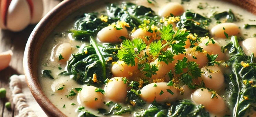 Guisado de feijão branco com gremolata servido em uma tigela rústica.