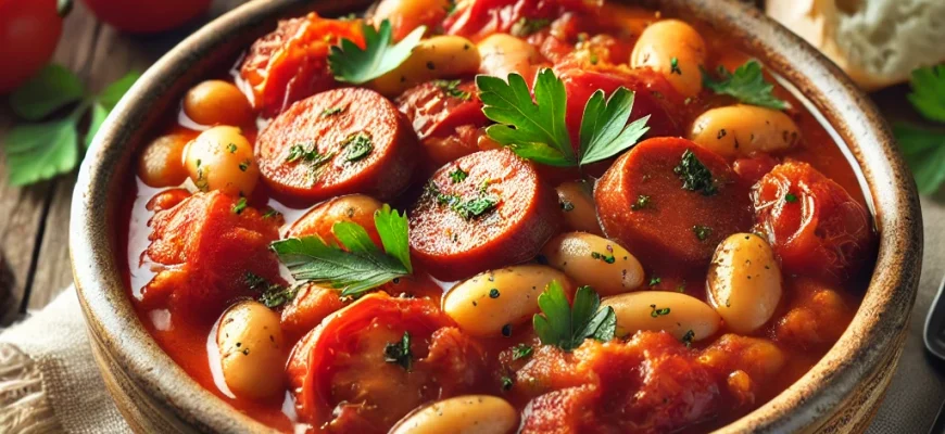 Guisado de tomate com salsicha Merguez e feijão Cannellini, servido quente em uma tigela rústica.