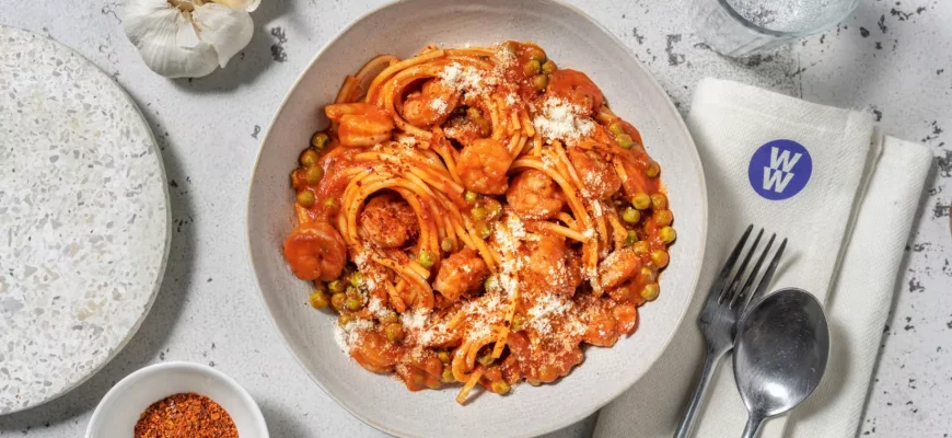 Plato de espaguetis con camarones, tomate fresco, guisantes y queso italiano rallado.