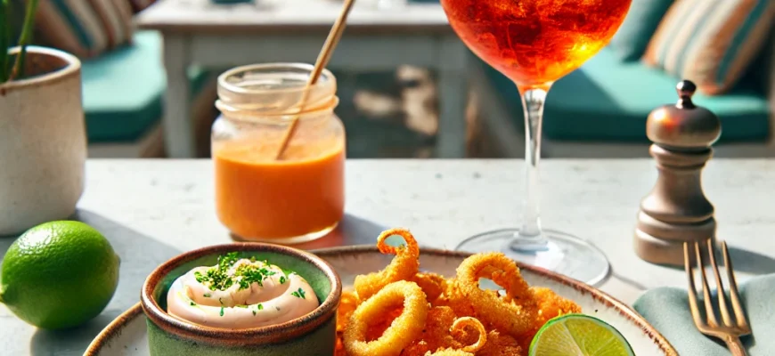 Lulas fritas crocantes acompanhadas de aïoli de lima e Aperol Spritz em uma mesa de verão.