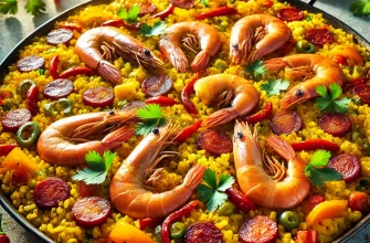 Paella de Verano com Gambas e Chorizo, prato colorido e vibrante com camarões, chouriço e arroz