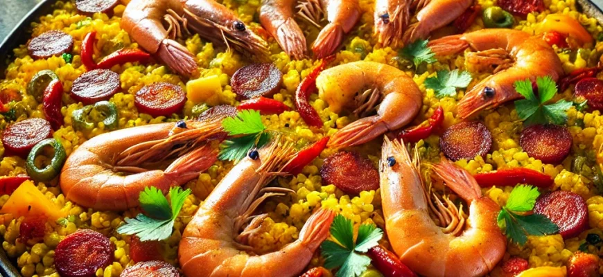 Paella de Verano com Gambas e Chorizo, prato colorido e vibrante com camarões, chouriço e arroz