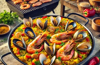 Paella preparada no churrasco com marisco, carne e legumes coloridos.