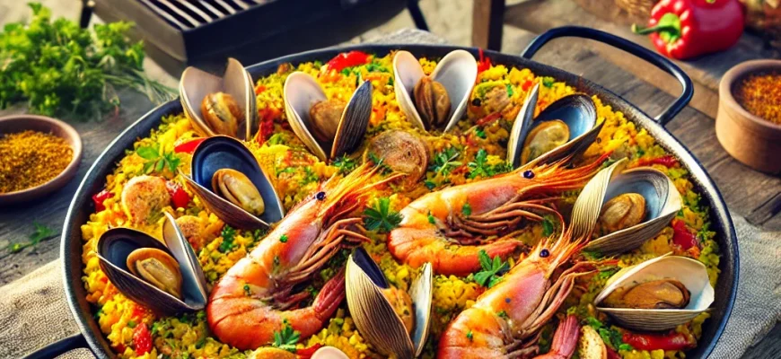 Paella preparada no churrasco com marisco, carne e legumes coloridos.