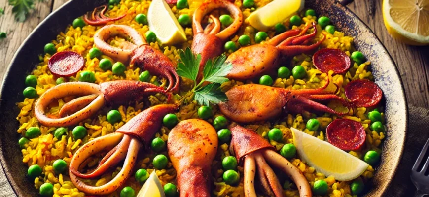 Paella rápida com lulas tenras, chouriço fumado e ervilhas, servida numa panela rústica decorada com salsa fresca.