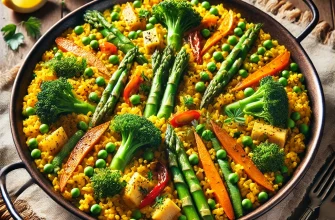 Paella vegetariana com legumes frescos e coloridos, decorada com salsa picada e limão.