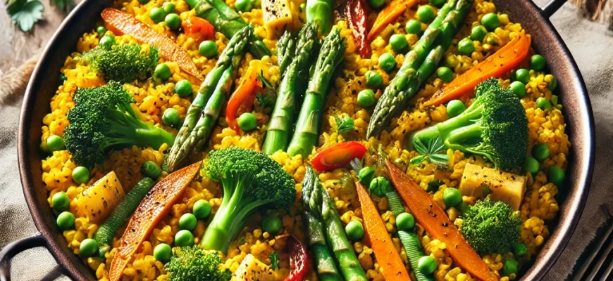 Paella vegetariana com legumes frescos e coloridos, decorada com salsa picada e limão.