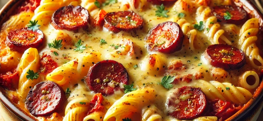 Prato de Pasta al Horno com Chouriço e Tomate Picante, servido com queijo derretido e decorado com ervas frescas.