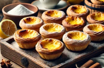 Pastéis de nata dourados com massa folhada estaladiça e recheio cremoso de creme de ovos, servidos sobre uma mesa de madeira rústica.