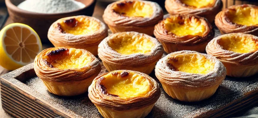 Pastéis de nata dourados com massa folhada estaladiça e recheio cremoso de creme de ovos, servidos sobre uma mesa de madeira rústica.