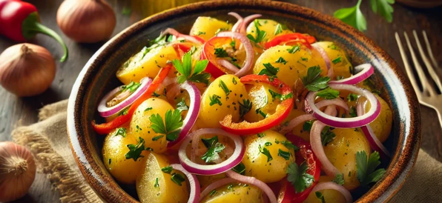 Patatas aliñadas, uma clássica salada de batatas andaluza, temperada com azeite, vinagre de xerez e legumes frescos.