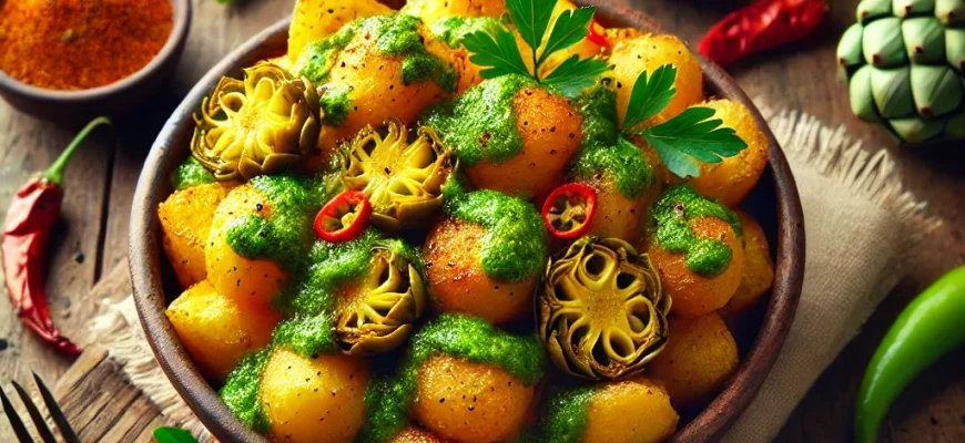 Patatas bravas verdes com batatas crocantes e molho de alcachofras, pimento e salsa, servidas como acompanhamento ou tapa.