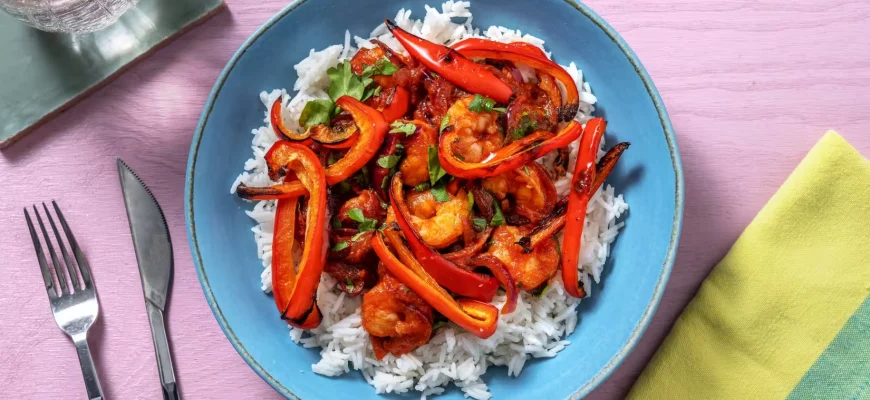 Gambas Pil Pil con Arroz Basmati, pimientos asados y salsa de ajo y malagueta