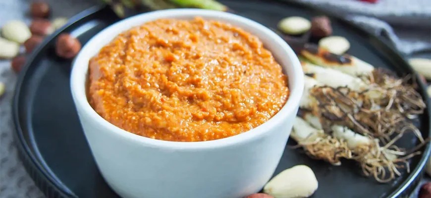 Salsa Romesco tradicional acompañando verduras y carnes.