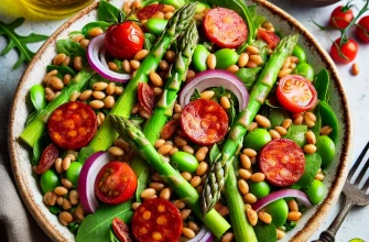 Salada de bagas de trigo com chouriço, espargos, favas, rúcula e tomates-cereja, servida em uma tigela rústica.