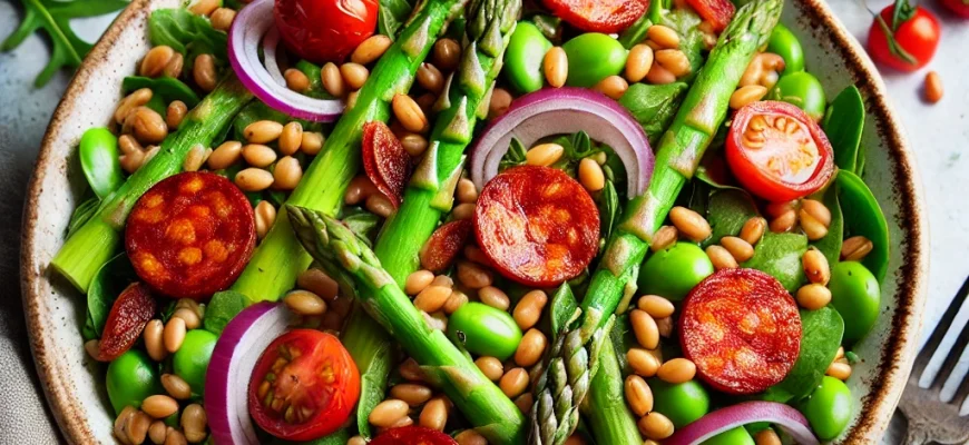 Salada de bagas de trigo com chouriço, espargos, favas, rúcula e tomates-cereja, servida em uma tigela rústica.