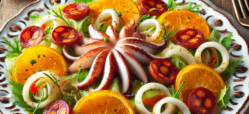 Salada de lulas, funcho e chouriço com óleo de laranja servida numa travessa decorativa.