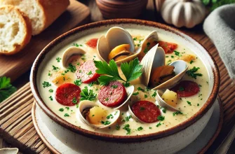 Sopa de amêijoas cremosa com chouriço e legumes, servida com pão estaladiço ao lado.