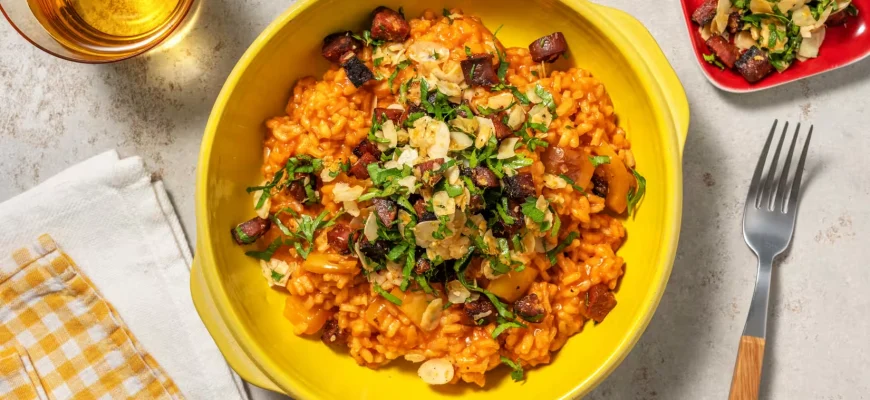 Paella española inspirada, con chorizo, pimiento rojo, almendras y toque de limón, en un plato blanco sobre mesa de madera.