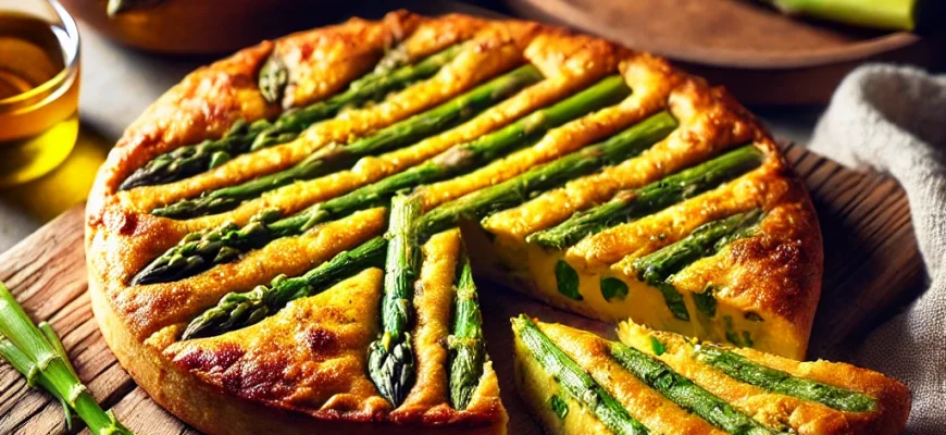 Tortilha de espargos de José Pizarro dourada e suculenta, servida em fatias numa tábua de madeira.