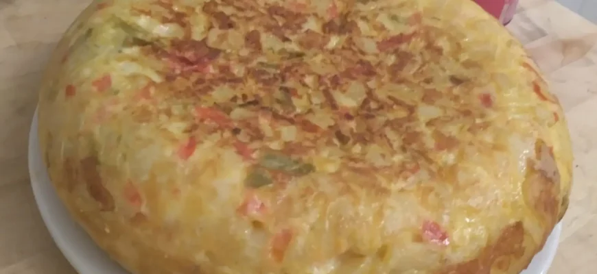 Tortilla campera dourada e suculenta com batatas, pimentos e cebola