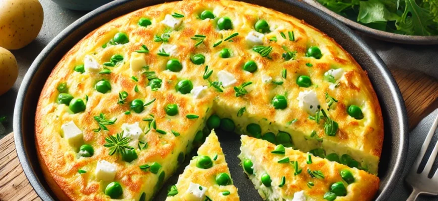 Tortilla de Feta e Guisantes com queijo feta, ervilhas e batatas