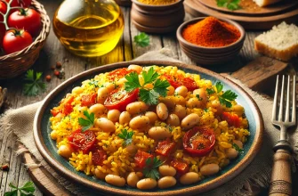 Fotografia de um prato tradicional espanhol, Arroz con Habichuelas a la Murciana, com arroz, feijão branco, tomate e especiarias, servido com salsa fresca em um prato rústico.