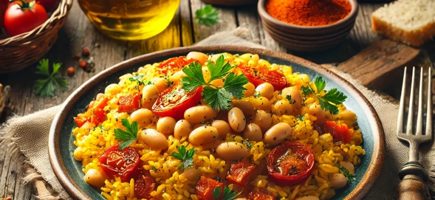 Fotografia de um prato tradicional espanhol, Arroz con Habichuelas a la Murciana, com arroz, feijão branco, tomate e especiarias, servido com salsa fresca em um prato rústico.