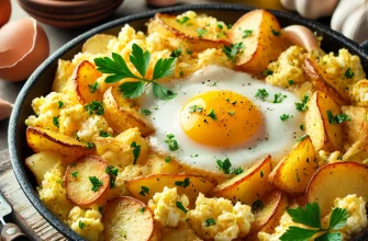 Batata com alho e ovo mexido servida em uma frigideira, decorada com salsa fresca, acompanhada de pão crocante.