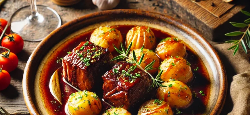 Bochechas de porco braseadas com batatas confitadas, um prato clássico espanhol com carne tenra e sabores ricos.