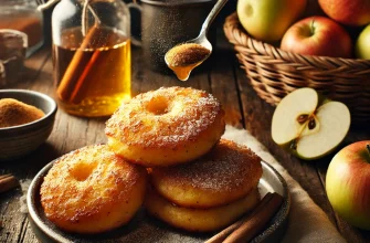 Imagem de bolinhos de maçã espanhola com canela, Buñuelos de Manzana y Canela, com cobertura dourada e polvilhados com açúcar em pó, dispostos em um prato rústico.