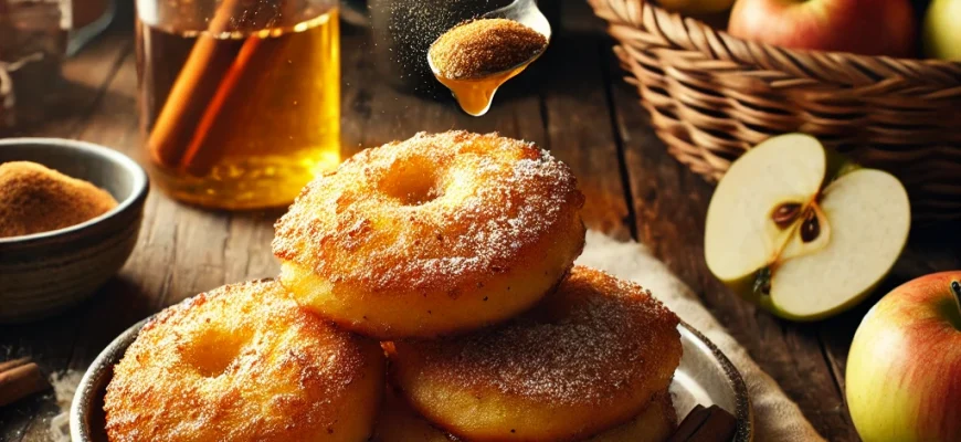 Imagem de bolinhos de maçã espanhola com canela, Buñuelos de Manzana y Canela, com cobertura dourada e polvilhados com açúcar em pó, dispostos em um prato rústico.