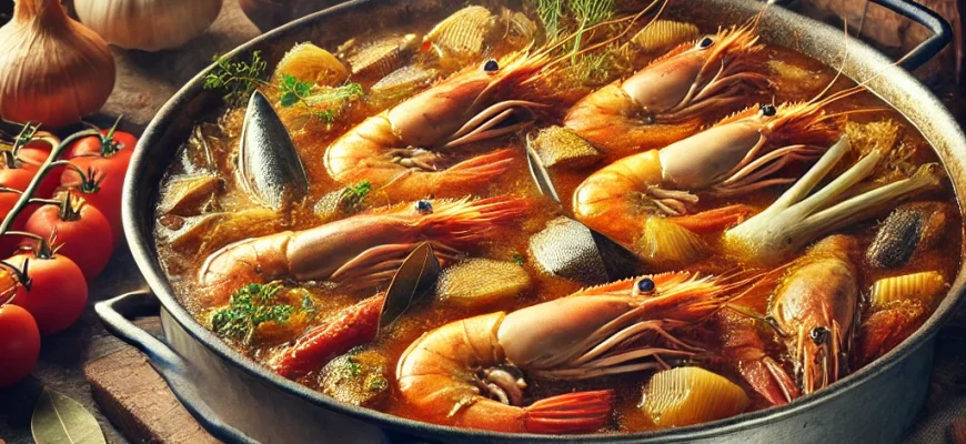 Caldo de peixe para paella estilo espanhol, preparado com camarões, espinhas de peixe e ervas aromáticas, ideal para receitas autênticas.