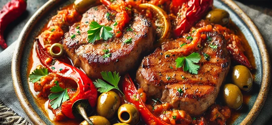 Carne de porco à espanhola com azeitonas e pimentos, um prato mediterrânico delicioso e colorido.