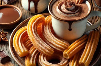 Churros dourados e estaladiços ao lado de uma caneca de chocolate quente cremoso, prontos para mergulhar.