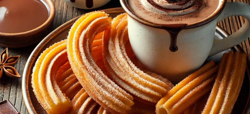 Churros dourados e estaladiços ao lado de uma caneca de chocolate quente cremoso, prontos para mergulhar.