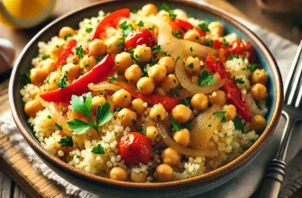 Cuscuz mediterrânico de alho servido com grão-de-bico, legumes salteados e decorado com salsa fresca em uma tigela rústica.