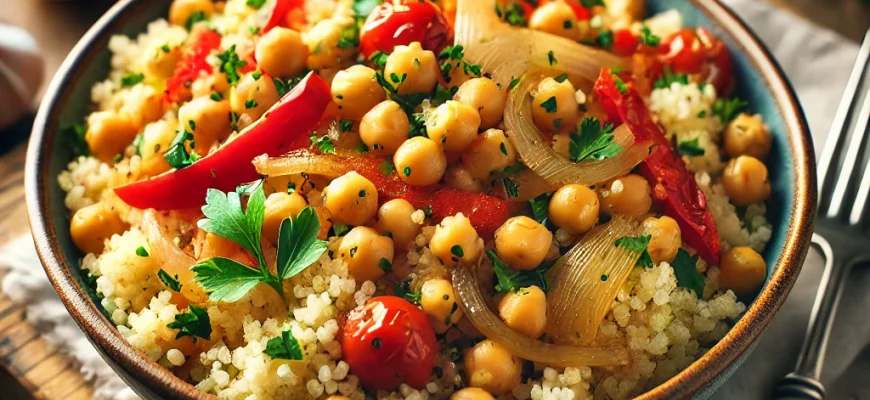 Cuscuz mediterrânico de alho servido com grão-de-bico, legumes salteados e decorado com salsa fresca em uma tigela rústica.