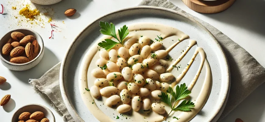 Prato de feijão branco em pepitoria servido em um prato fundo com molho cremoso à base de amêndoas, decorado com salsa fresca.