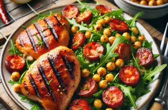 Frango com chouriço grelhado, servido com salada de grão-de-bico e rúcula, acompanhado de gomos de limão.