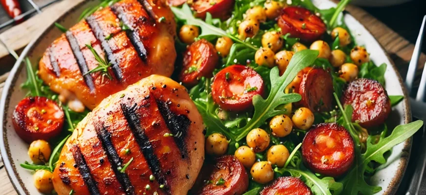 Frango com chouriço grelhado, servido com salada de grão-de-bico e rúcula, acompanhado de gomos de limão.