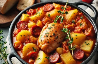 Prato de guisado espanhol de frango e batata, com pedaços de frango dourados, batatas, chouriço e ervas frescas como tomilho.