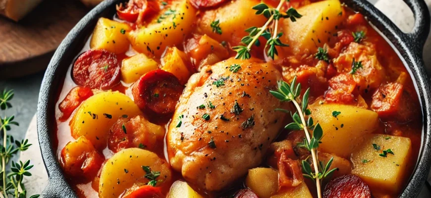 Prato de guisado espanhol de frango e batata, com pedaços de frango dourados, batatas, chouriço e ervas frescas como tomilho.