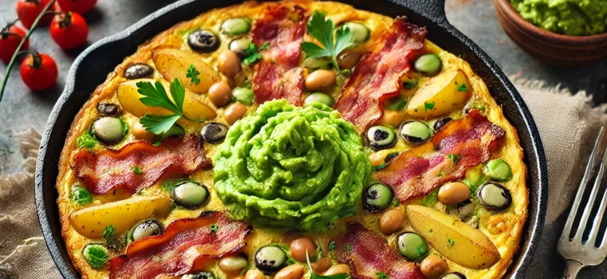 Frittata de favas com bacon crocante e guacamole fresco, servida com folhas de salada mista.