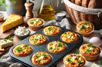 Frittatas de queijo feta, cebola e pimento vermelho em formas individuais, douradas e servidas com rúcula selvagem.