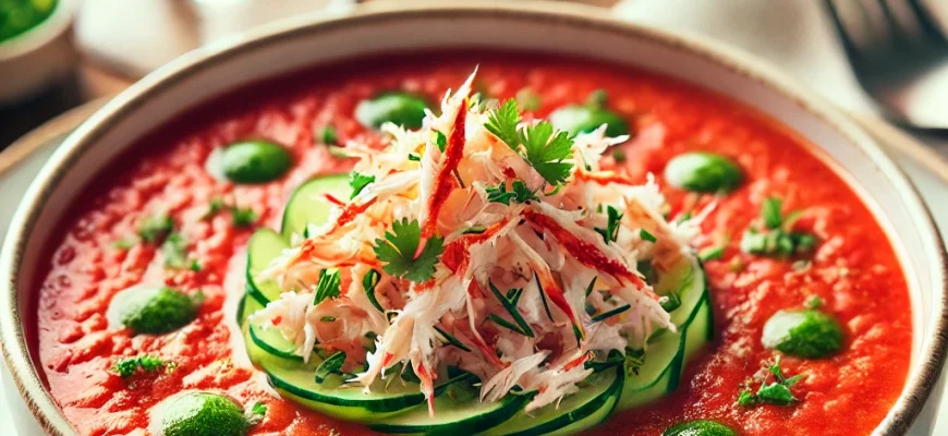 Gaspacho com carne de caranguejo servido frio, decorado com ervas frescas, ideal para os dias quentes de verão.