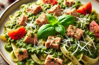 Massa de atum ao pesto com salsa cremosa, decorada com parmesão, tomates cereja e manjericão fresco.