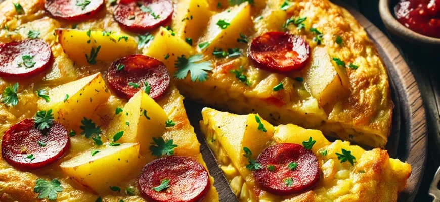 Omeleta espanhola fácil e rápida com chouriço, batatas e queijo, servida dourada e perfeita para qualquer refeição.